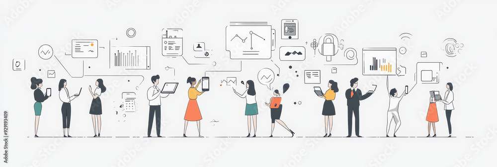 Poster a team of individuals are working together, connected by lines and symbols representing communicatio