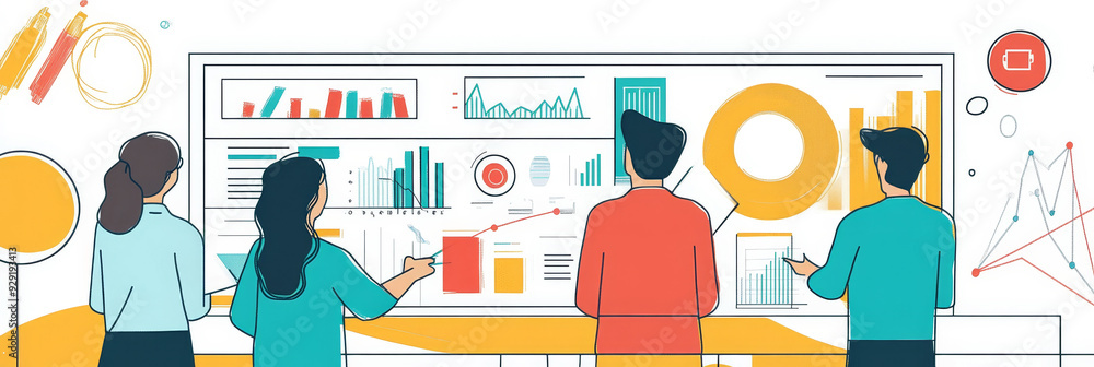 Poster a team of four professionals gathers around a large screen, analyzing data charts and graphs. they a
