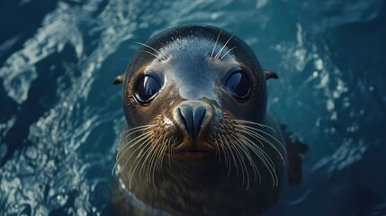 Fototapeta premium A close-up of a seal's lonely face, centered in the frame, with its sad eyes reflecting the vast, empty sea around it.