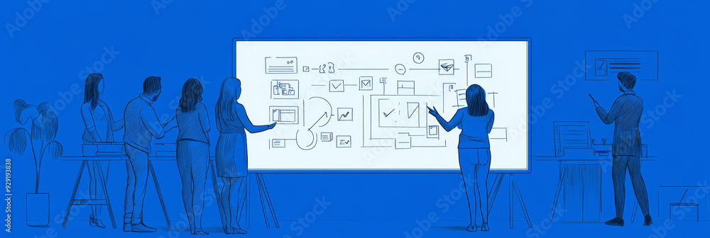Poster a team of professionals collaborating and brainstorming ideas on a whiteboard with a flowchart, symb