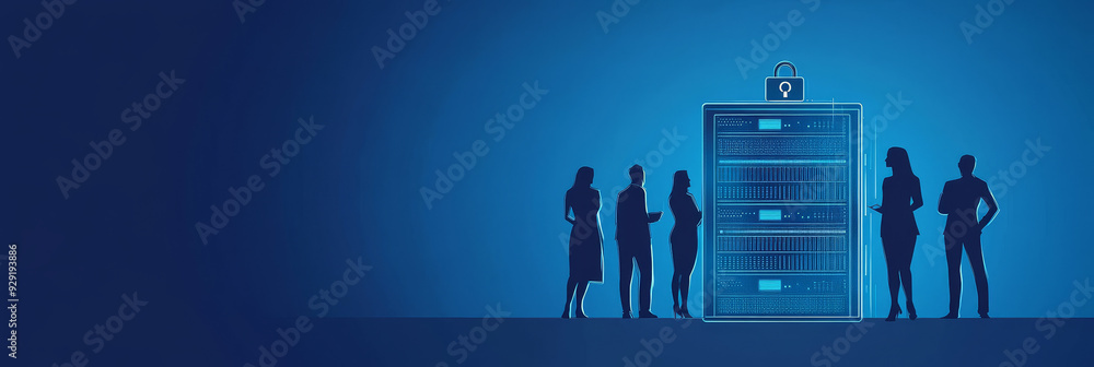 Poster a team of professionals standing in front of a secure data center, symbolizing data protection, team