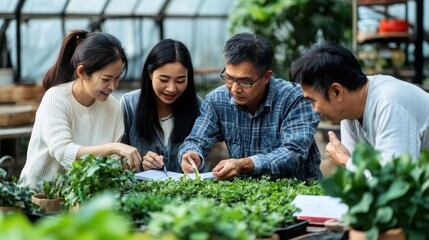 A team of consultants discusses tech strategies among greenery in a greenhouse