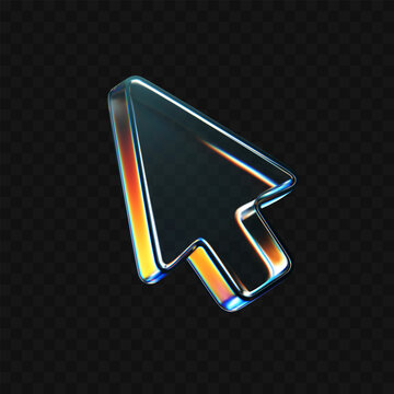 3d glass arrow icon with refraction and holographic effect isolated on dark background. Render transparent glass cursor with overlay dispersion light, rainbow gradient. 3d vector morphism