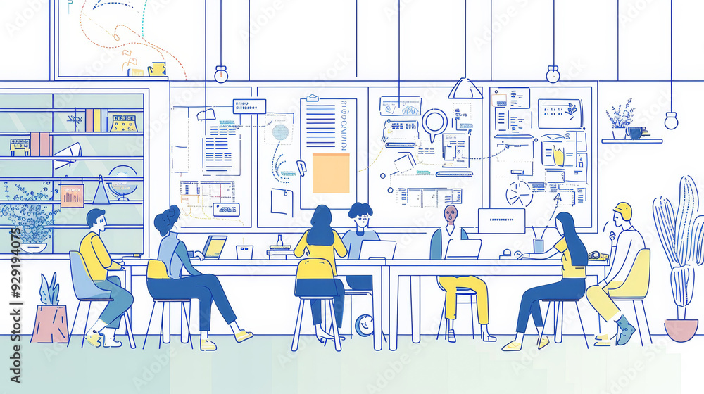 Poster a team of six individuals collaborate around a table, brainstorming ideas on whiteboards filled with