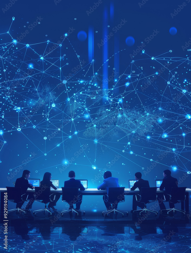 Poster a team of professionals working together in front of a global network background symbolizing collabo