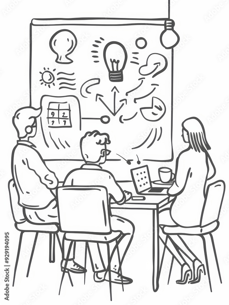 Poster a team of three individuals sits around a table, engaged in a brainstorming session. a whiteboard be