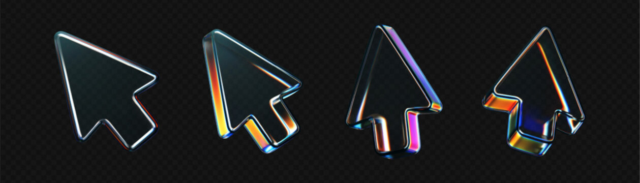 3d glass arrow icons set with refraction and holographic effect isolated on dark background. Render transparent glass cursor with overlay dispersion light, rainbow gradient. 3d vector morphism