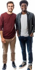 Obraz premium Two young men are standing next to each other, both wearing jeans and shirts. They are smiling and seem to be enjoying each other's company. Concept of friendship and camaraderie between the two men
