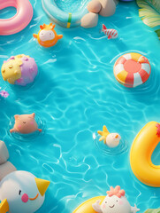 A vibrant pool scene features cute, cartoon-like characters floating on inflatables and swimming in the clear blue water. This image represents summer fun, joy, and carefree leisure.