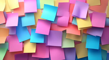 A wall covered with colorful sticky notes, symbolizing ideas, reminders, brainstorming, planning, and collaboration.