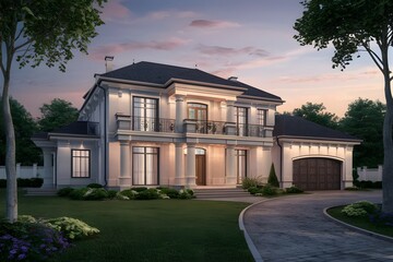 Fototapeta premium 3d rendering of modern cozy house with pool and parking for sale or rent in luxurious style and beautiful landscaping on background. Cool winter night with stars in sky. 