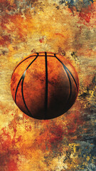 A weathered basketball sits against a grunge background, symbolizing  the history of the sport, passion, teamwork, competition, and perseverance.