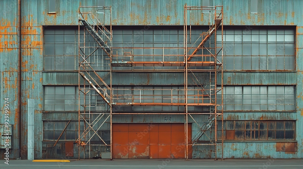 Poster scaffolding in front of a large industrial building