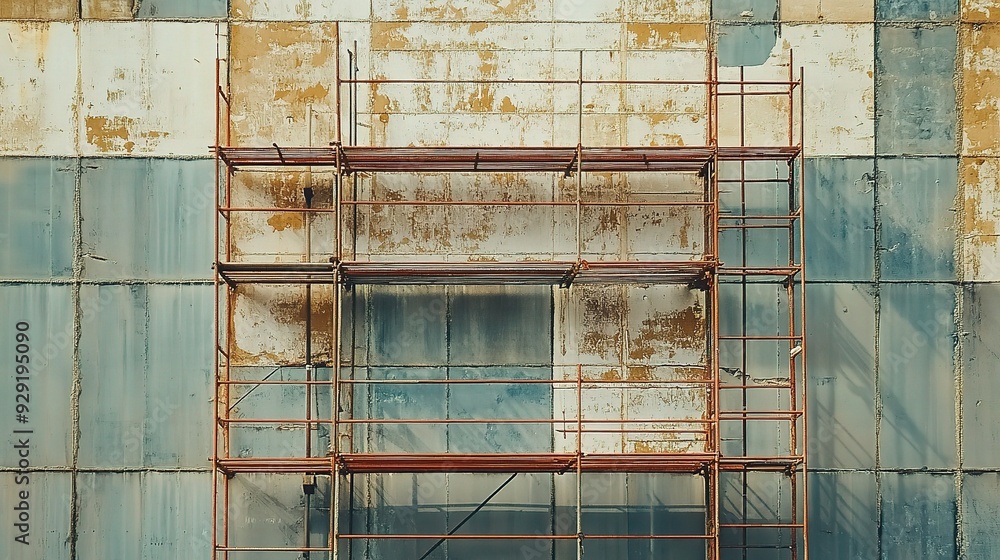 Poster scaffolding in front of a large industrial building