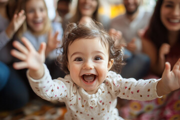 A young baby girl in a white and pink floral outfit reaches out with a wide, joyful smile. Surrounded by family, she exudes happiness and innocence.