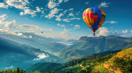 Fototapeta premium hot air balloon in the sky over the mountain landscape, place for nature travel, real photo, banner background with scenic view