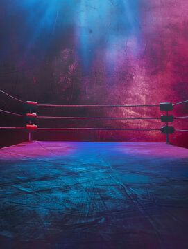A wrestling ring bathed in vibrant blue and pink neon light, creating a dramatic and energetic atmosphere. The ropes are taut, the canvas is ready, symbolizing competition,  power,  sportsmanship,  en