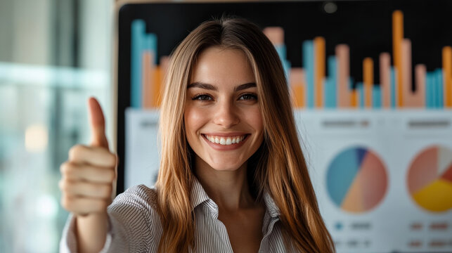 A young businesswoman shows her approval and optimism, standing in front of charts indicating positive financial growth. Her smile and thumbs up gesture convey success and achievement.