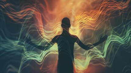 Person with spread arms, surrounded by colorful waves of energy, on dark background. Green and orange waves of light passing through the silhouette of a man. Retro style image.