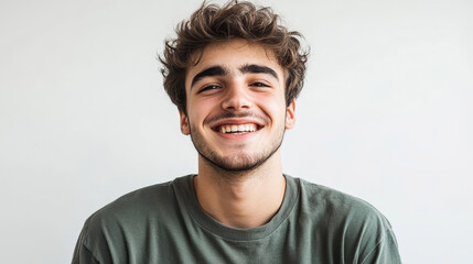 Obraz premium A young man with a friendly and approachable smile, representing positivity, youth, confidence, and happiness. He is wearing a casual green t-shirt, suggesting a relaxed and approachable demeano