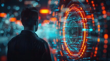 Obraz premium A man standing in front of a computer screen, futuristic concept, cybersecurity
