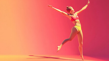 A young woman wearing a yellow bikini jumps in the air, her arms outstretched and her body in a graceful pose. The background is a vibrant red and yellow gradient, symbolizing energy, freedom, and joy