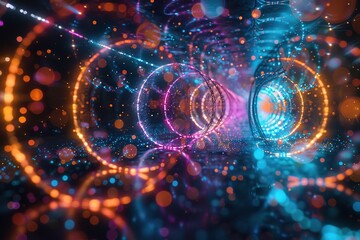 Obraz premium A kaleidoscope of neon circles connected by luminous threads of light, forming an otherworldly and abstract visual experience