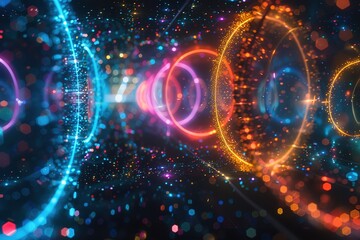 Obraz premium A kaleidoscope of neon circles connected by luminous threads of light, forming an otherworldly and abstract visual experience.