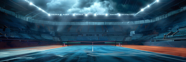 An empty indoor tennis court with dramatic lighting, symbolizing anticipation, potential, competition, sportsmanship, and athleticism.