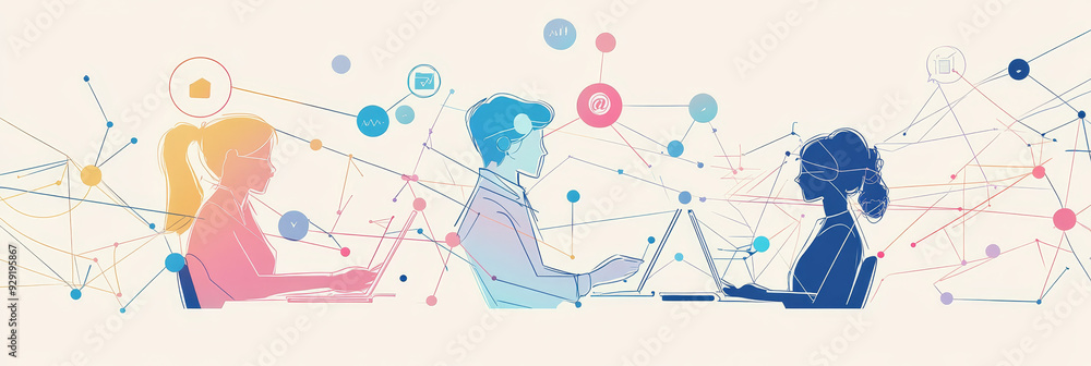 Poster four professionals are working on laptops, connected by a network of lines and dots, symbolizing col