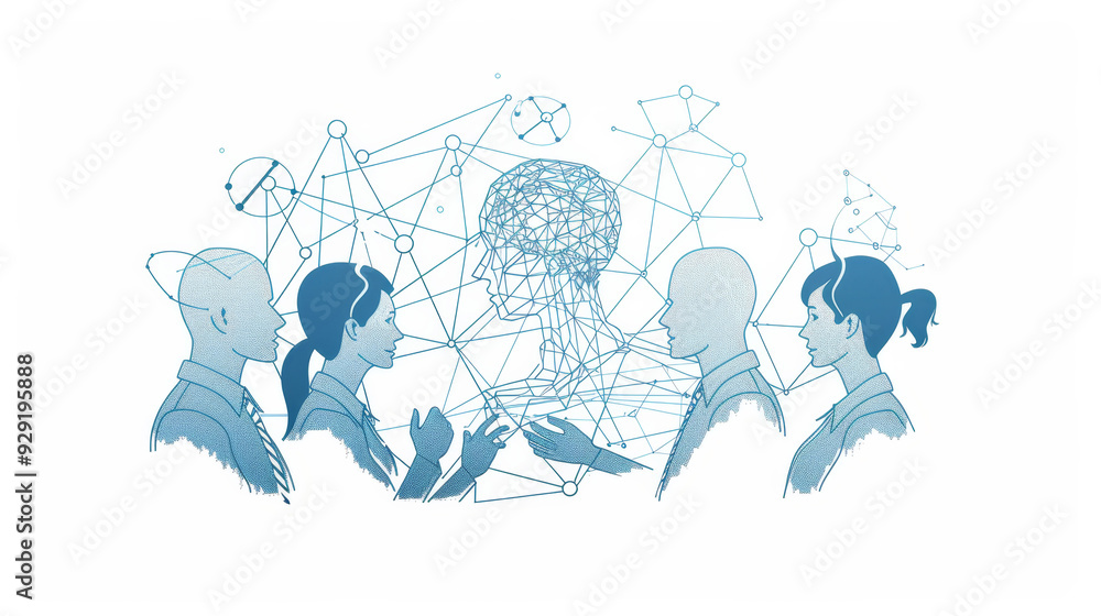 Poster four people are standing in a line, facing a stylized ai brain, connected by a network of dots and l