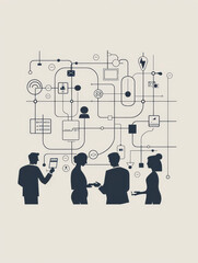Four business people stand in front of a complex interconnected network symbolizing collaboration, communication, innovation, growth, and problem-solving.