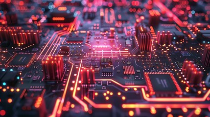 Obraz premium Close-up view of a futuristic microchip with glowing circuitry, showcasing advanced technology and digital innovation, cybersecurity