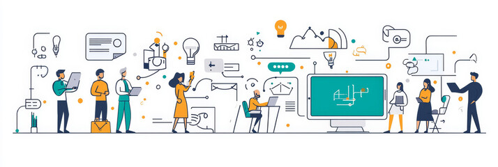 This illustration depicts a team of diverse individuals working together, sharing ideas, and using technology to achieve a common goal. It symbolizes teamwork, innovation, communication, progress, and