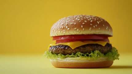 A delicious cheeseburger with lettuce, tomato, and cheese on a sesame seed bun against a yellow background.