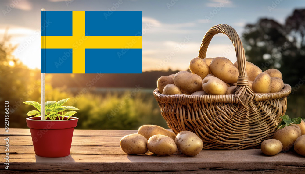 Wall mural Sweden flag on potted potato seedling,and wicker basket full of potatoes on wooden table,against agricultural field at dawn.Swedish agriculture,import,export and production concept.