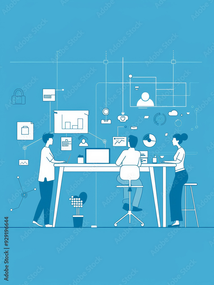 Poster three professionals collaborate around a table, analyzing data and planning strategy, showcasing tea