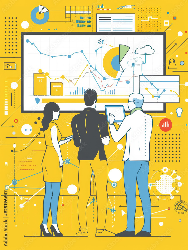 Poster three colleagues stand around a large screen, examining charts and data, symbolizing teamwork, analy