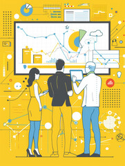 Three colleagues stand around a large screen, examining charts and data, symbolizing teamwork, analysis, strategy, technology, and business success.