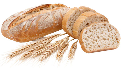 Freshly baked bread, with wheat and rye grains isolated on white or transparent background, png clipart, design element. Easy to place on any other background.