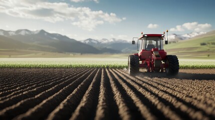 Fototapeta premium A red tractor operates autonomously, planting seeds across a large, well-tilled field surrounded by mountains
