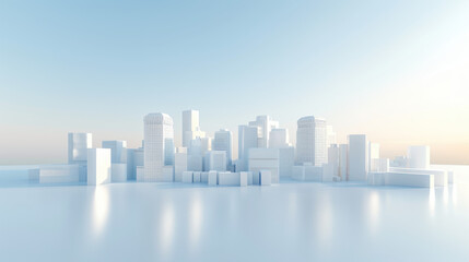 A city skyline is shown in white, with the buildings reflecting on the water