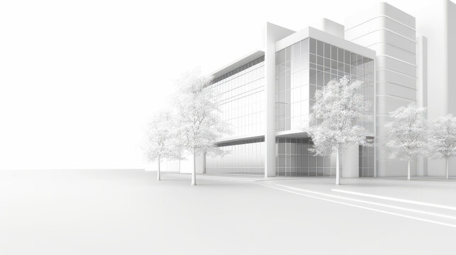 A white building with a glass facade and a tree in front of it
