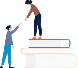 Teacher helping man climb on book stack. Education concept