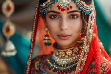 A radiant young woman adorned in traditional attire, showcasing intricate jewelry and a vibrant veil during a cultural celebration at sunset