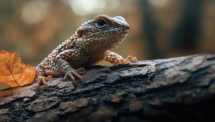 Obraz premium Lizard on a tree branch with a leaf.