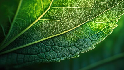 Fototapeta premium Close-up of a green leaf with intricate veins.