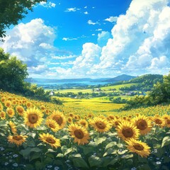 Obraz premium Enchanted anime-style Sunflower Paradise: A Vivid Spring Landscape with Azure Skies and Golden Blooms, Embracing the Season's Vitality,Anime-Style,illustration,Picture BooksFor Poster,Novel,UI,WEB,Gam