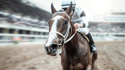 Obraz premium A jockey riding a horse in a race on a racetrack, with motion blur.
