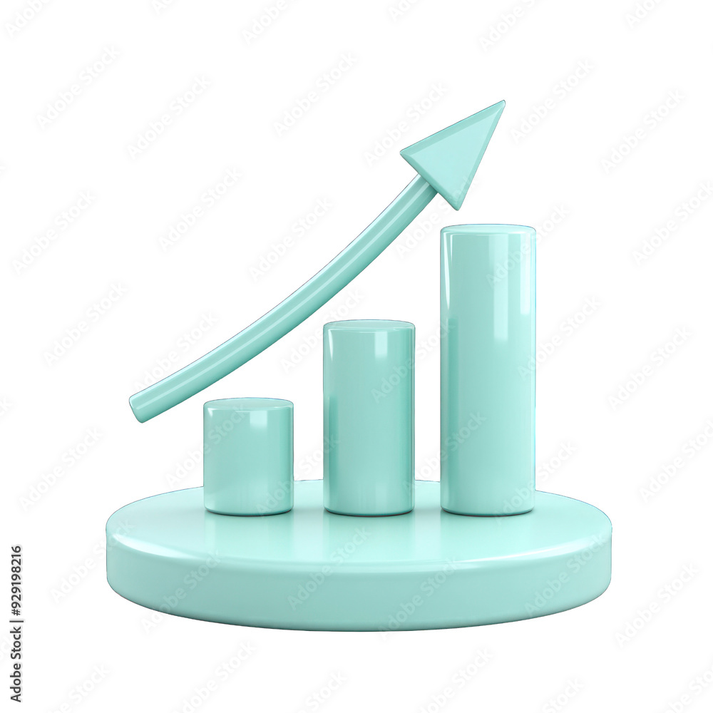 Poster 3d graph showing upward trend with increasing bars and an arrow, symbolizing growth and progress in 